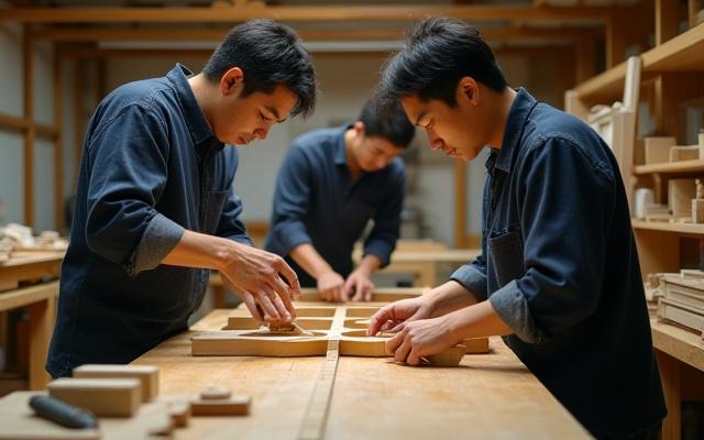 広々とした木工工房で、複数の職人が精密な木材の組み立て作業をしている