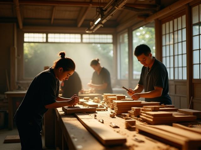 伝統的な木工工場で作業する職人たち