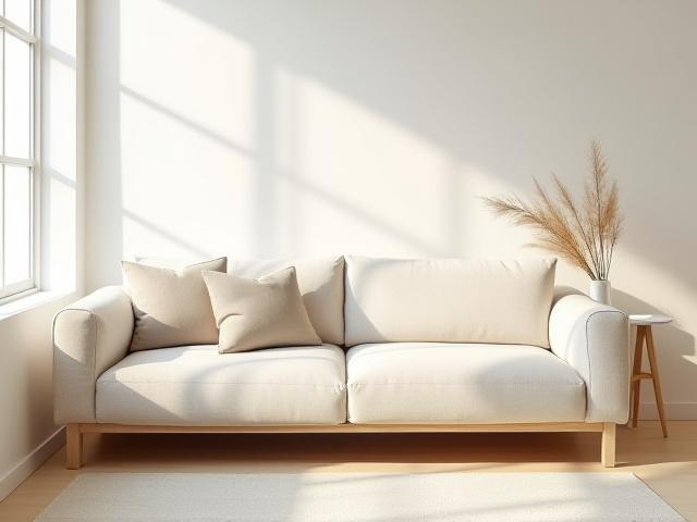 Oak wood modular sofa with natural linen upholstery