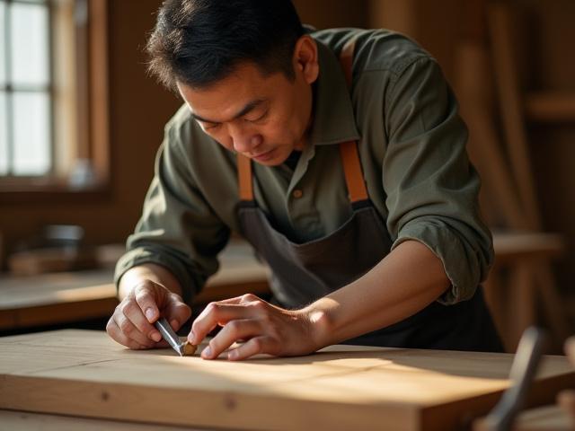 職人が木材を加工し、カスタム家具をデザインしている様子