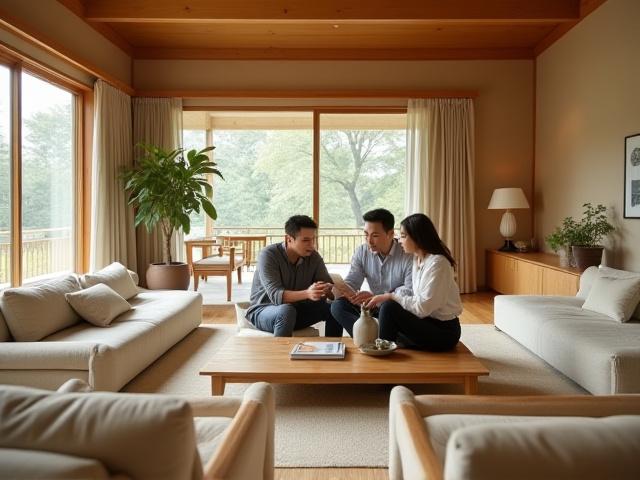暖かくミニマルなリビングルームでインテリアを相談する人々